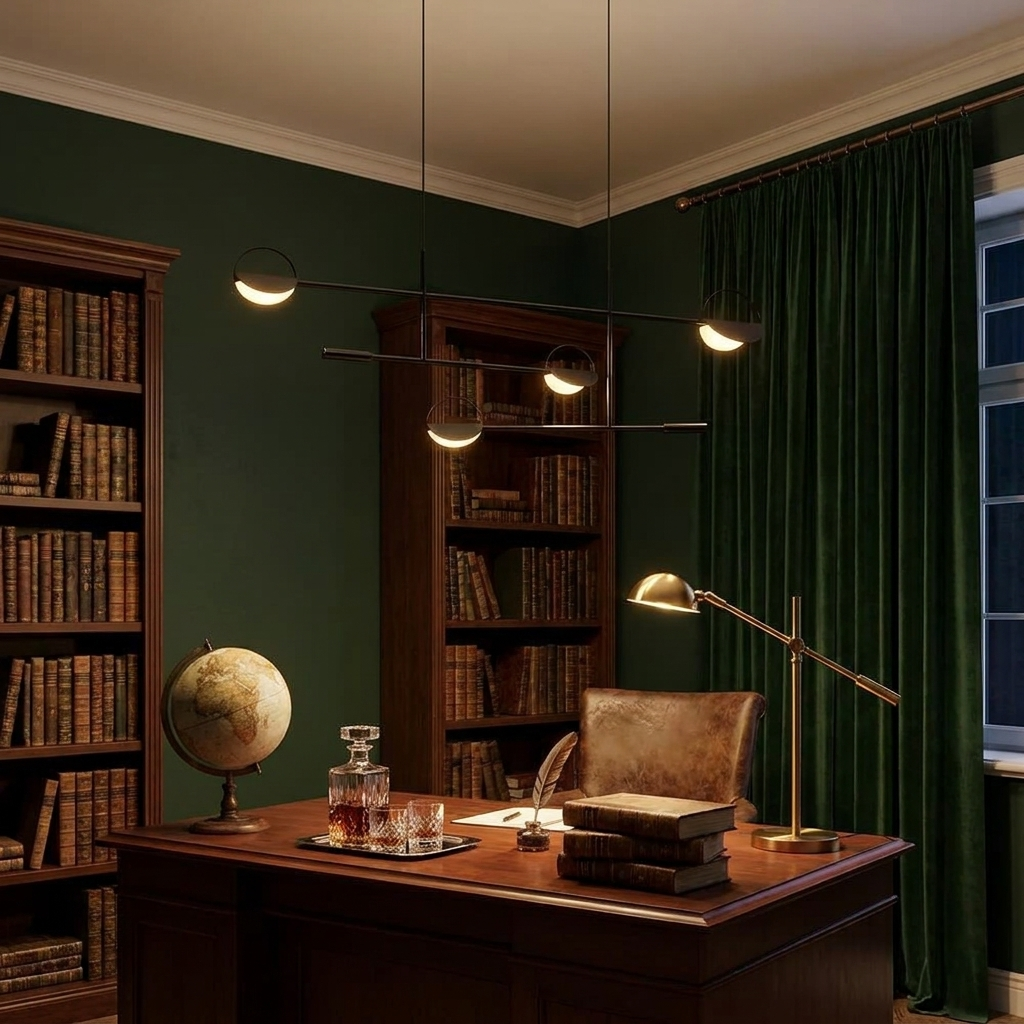 Tobias black iron interlocking rod chandelier over a home office desk