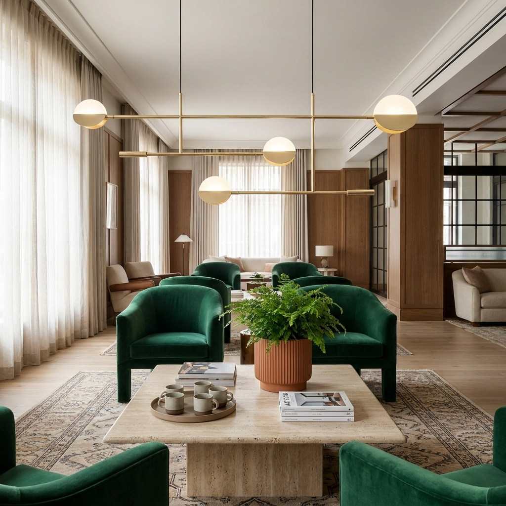 Tobias gold interlocking rod chandelier in a hotel lobby lounge
