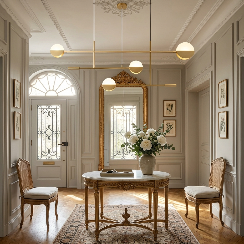 Tobias gold interlocking rod chandelier in a French classic entry hall