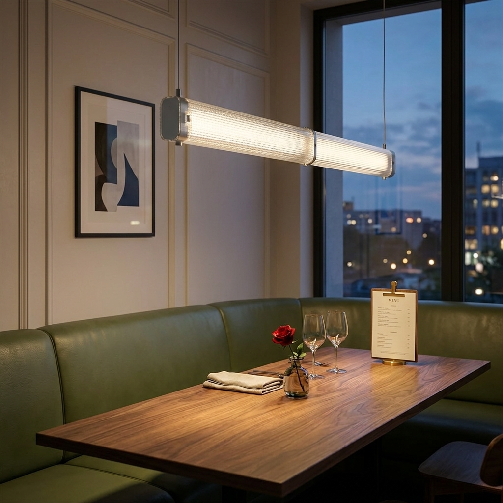 Thorne gray textured glass linear pendant over a restaurant banquette table