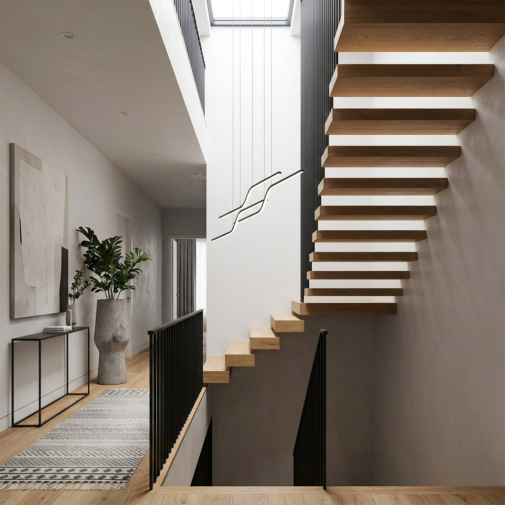 Theron black Z shape linear LED chandelier in a double height stairwell