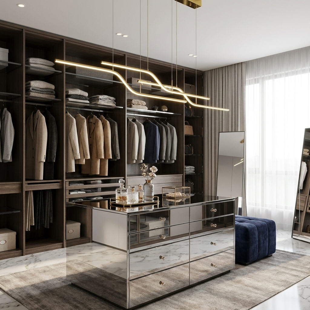Theron gold Z shape linear LED chandelier in a walk-in dressing room