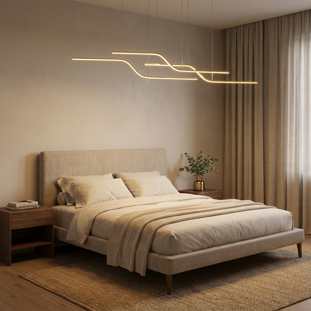 Theron gold Z shape linear LED chandelier in a warm minimalist bedroom