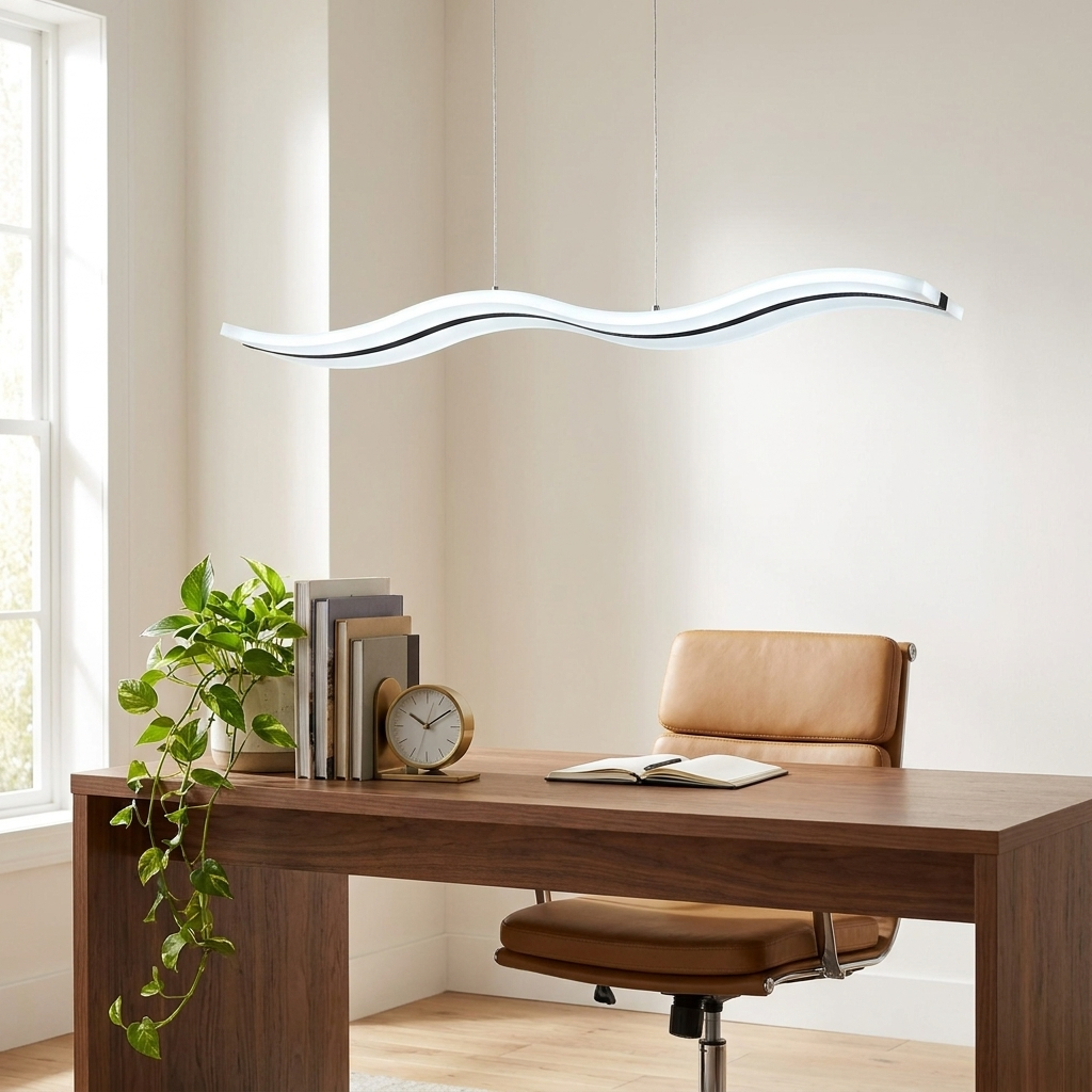 Tallis white acrylic wavy LED pendant light above a walnut desk in a home office