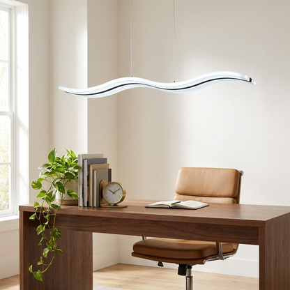 Tallis white acrylic wavy LED pendant light above a walnut desk in a home office