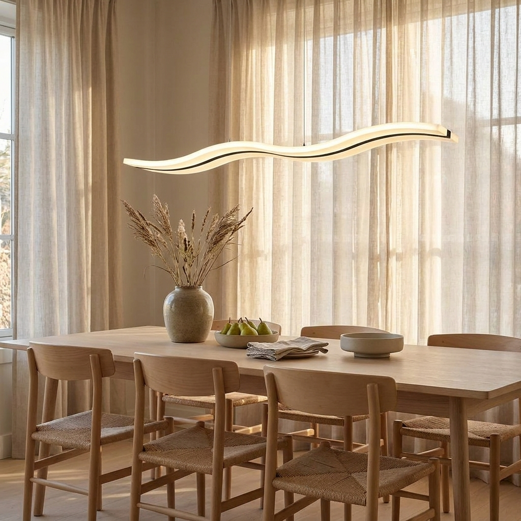 Tallis white acrylic wavy LED pendant light over a Scandinavian oak dining table