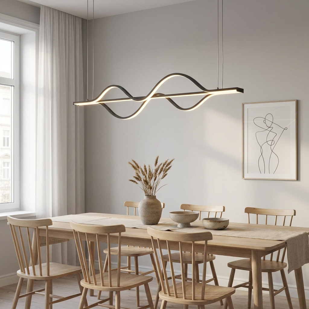 Sloane matte black wave line chandelier over a Scandinavian oak dining table