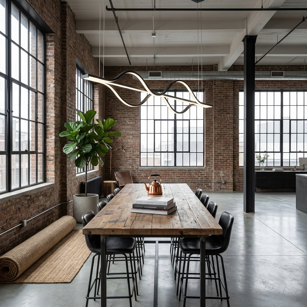 Sloane matte black wave line chandelier in an industrial open-plan loft