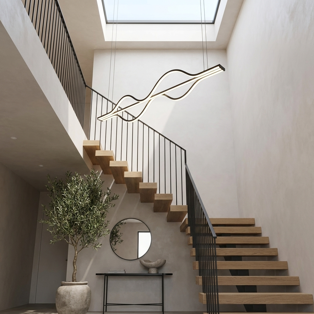 Sloane matte black wave line chandelier in a double height stairwell