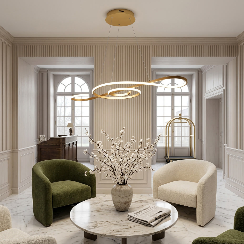 Seymour gold musical note LED chandelier in a hotel lobby lounge