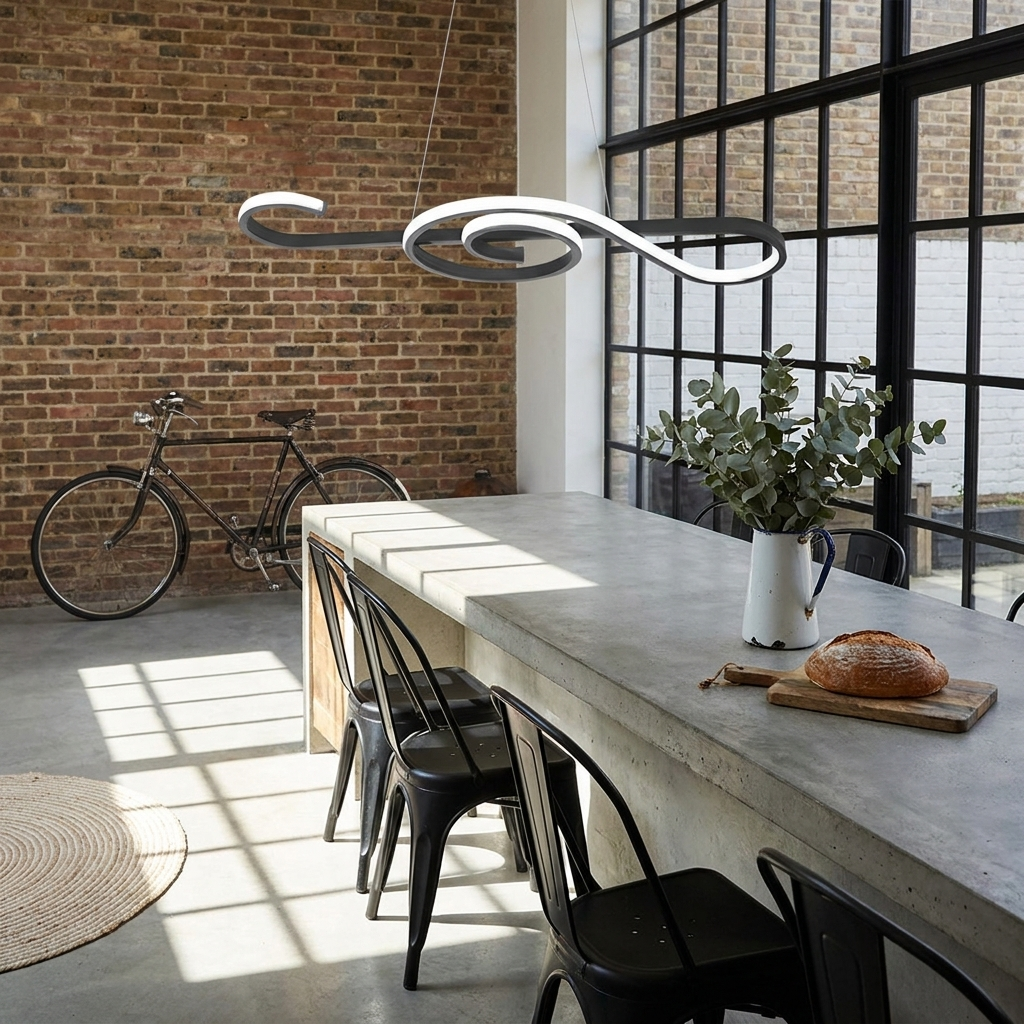 Seymour black musical note LED chandelier in an open plan industrial loft