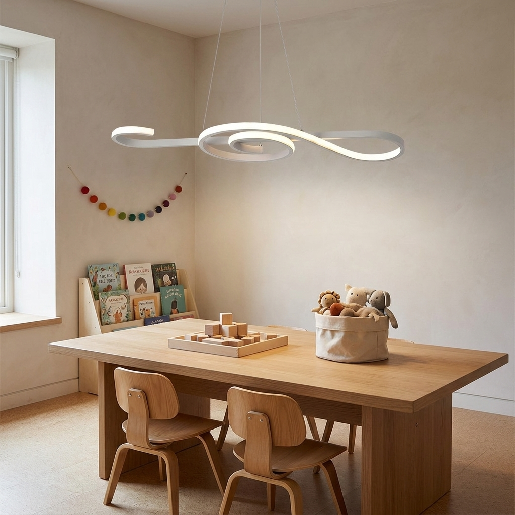 Seymour white musical note LED chandelier over a craft table in a playroom