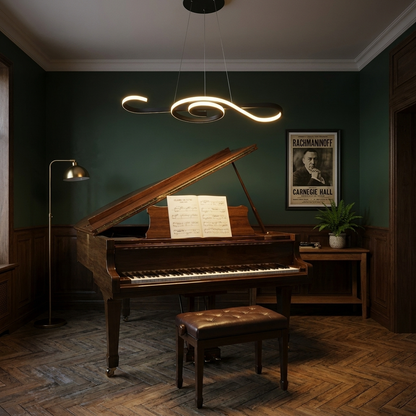 Seymour black musical note LED chandelier over a grand piano in a music room