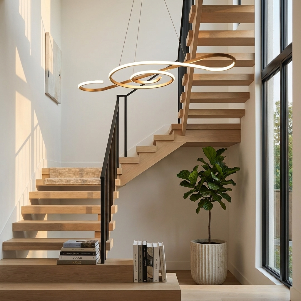 Seymour gold musical note LED chandelier in a double height stairwell