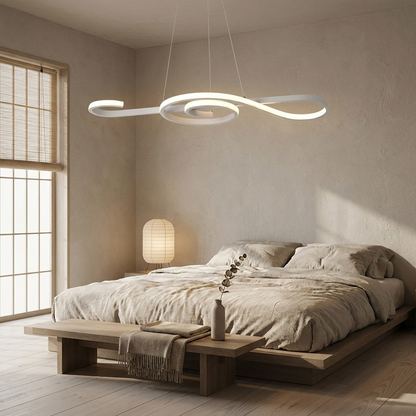 Seymour white musical note LED chandelier in a Japandi bedroom