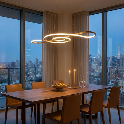 Seymour gold musical note LED chandelier over a penthouse dining table