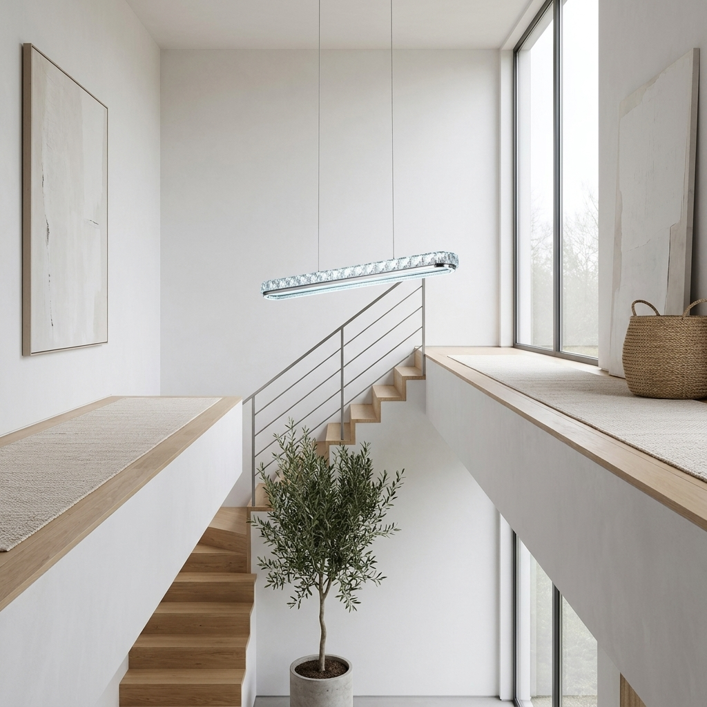 Sterling chrome crystal linear pendant light in a double height stairwell