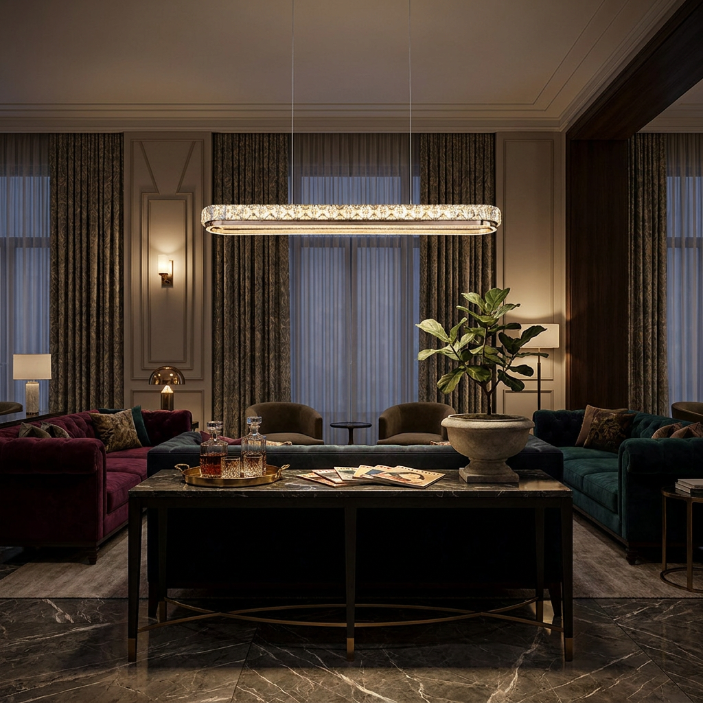 Sterling chrome crystal linear pendant light in a hotel lobby lounge