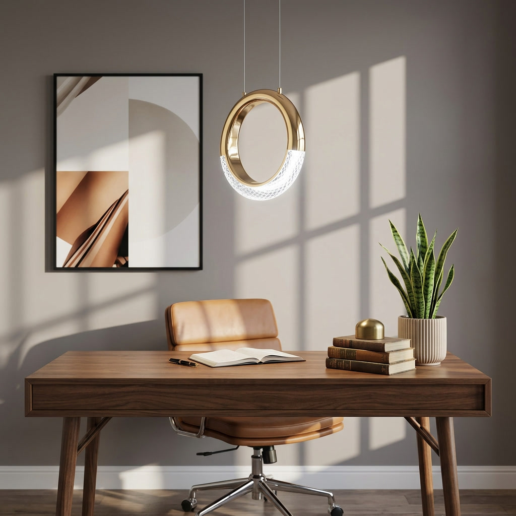 Sandrine gold ring LED pendant light over a home office study desk