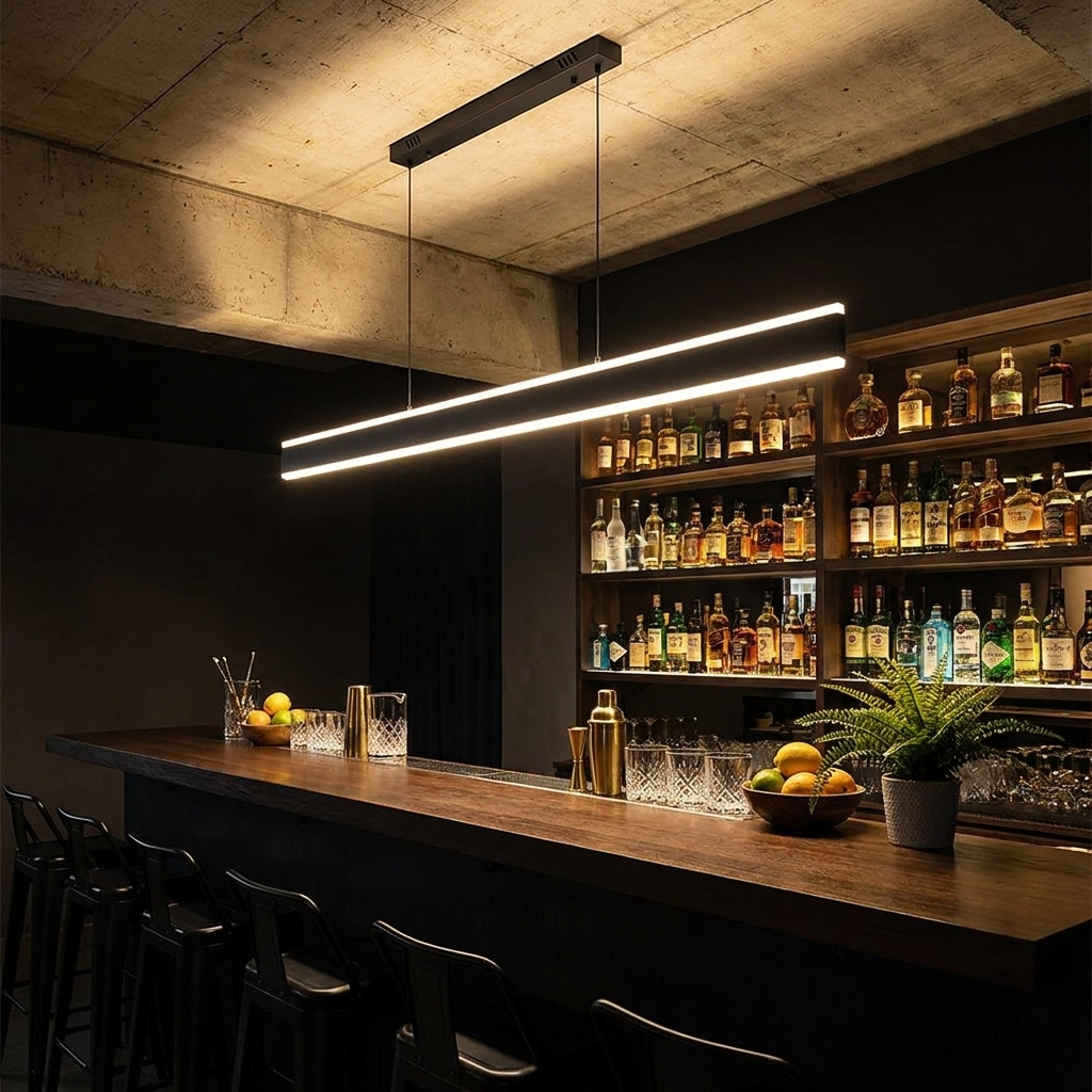 Sinclair black up and down island light over an industrial bar counter