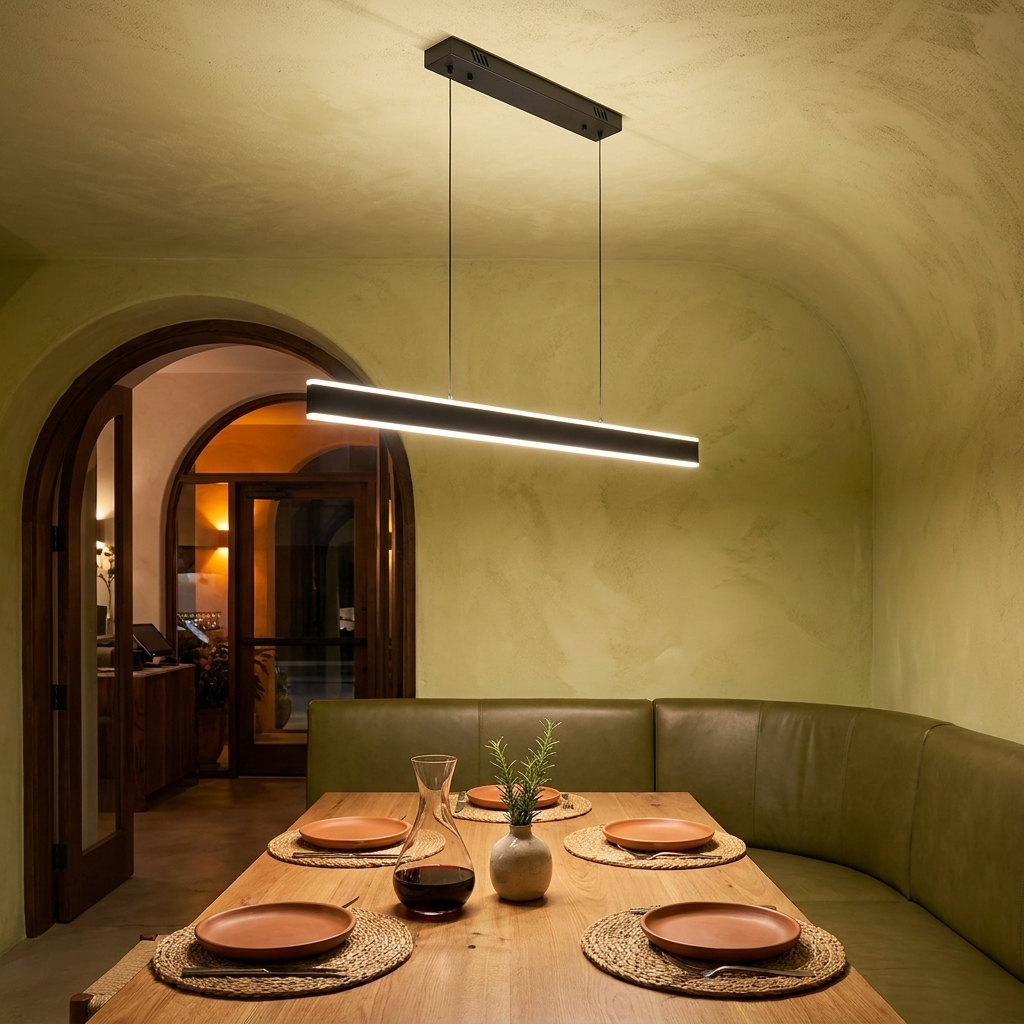 Sinclair black up and down island light over a Mediterranean restaurant banquette