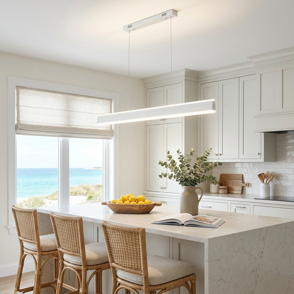 Sinclair white up and down island light over a coastal kitchen island