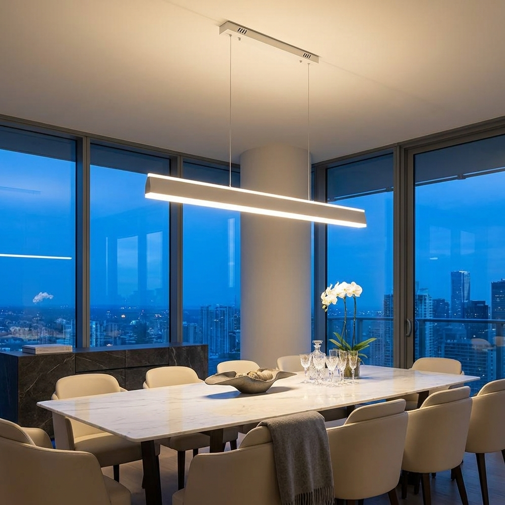 Sinclair white up and down island light over a penthouse marble dining table