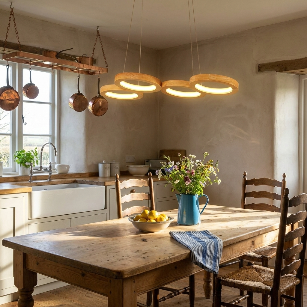 Sylva four ring wood LED pendant light over a pine table in a farmhouse kitchen