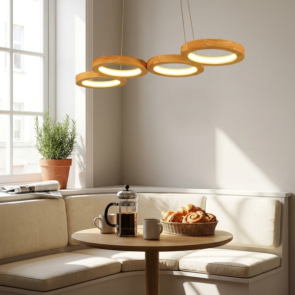 Sylva four ring wood LED pendant light over a banquette breakfast nook