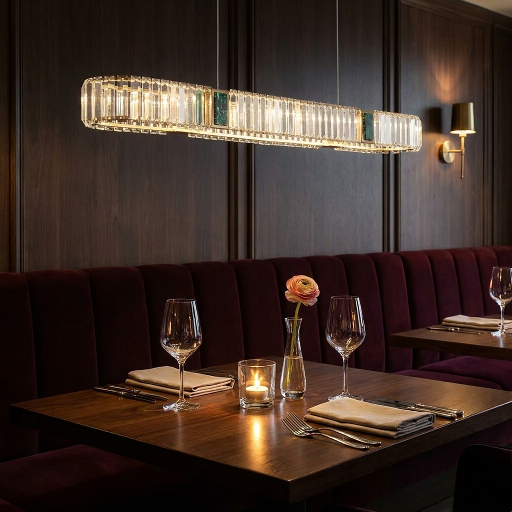 Seren gold oval crystal chandelier over a restaurant banquette table