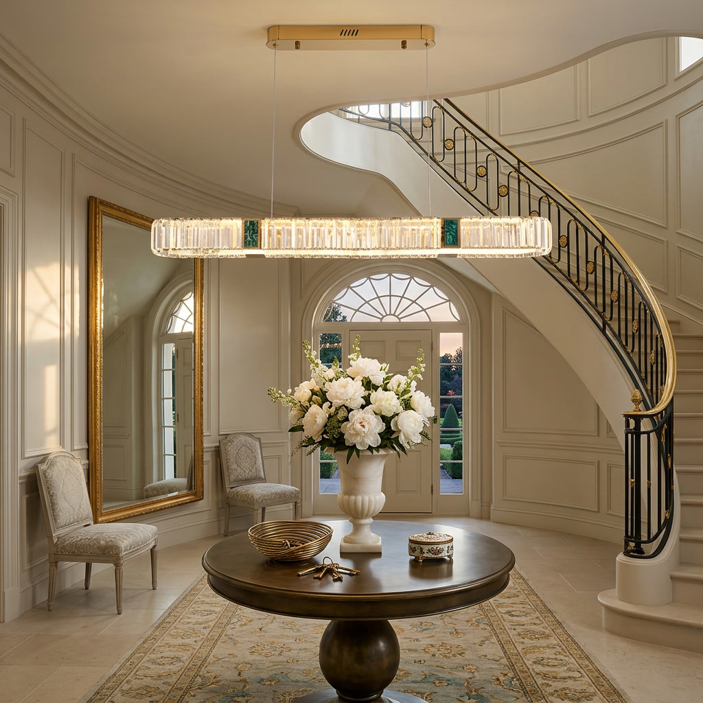 Seren gold oval crystal chandelier in a grand entry hall