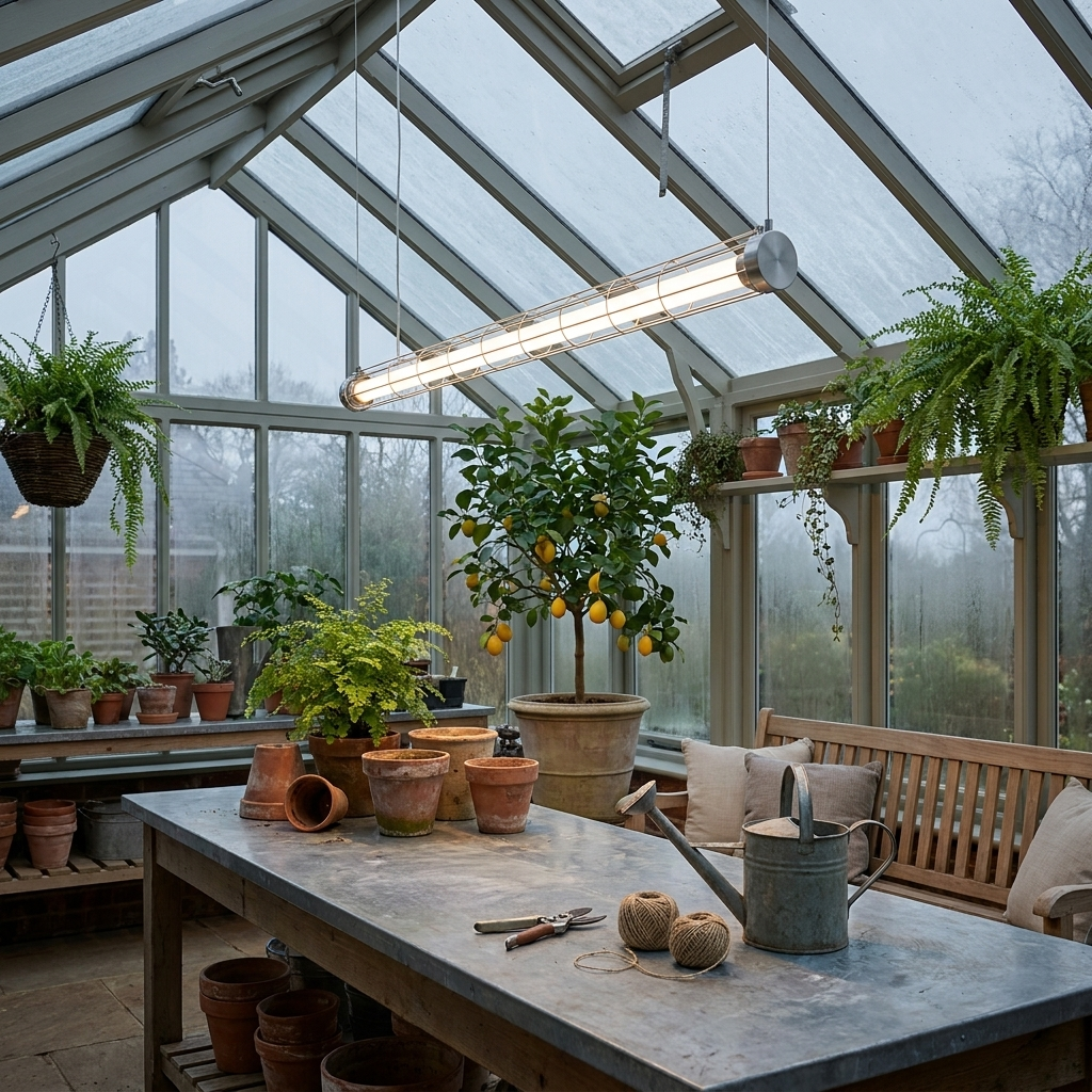 Stanton silver linear tube pendant light over a conservatory work table