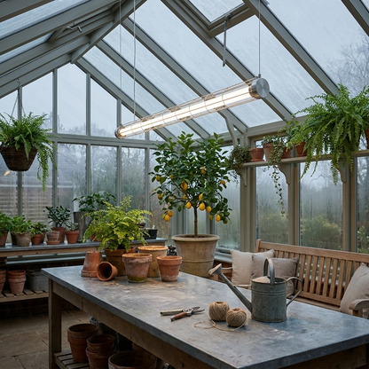 Stanton silver linear tube pendant light over a conservatory work table
