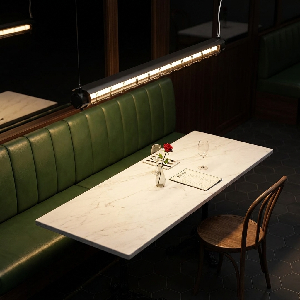 Stanton black linear tube pendant light over a bistro banquette table