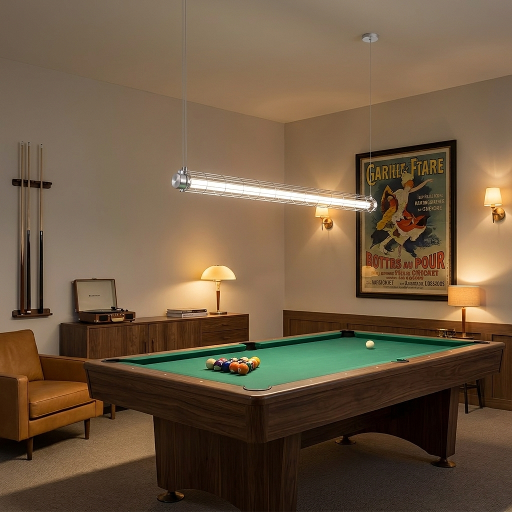 Stanton silver linear tube pendant light over a billiards table in a games room