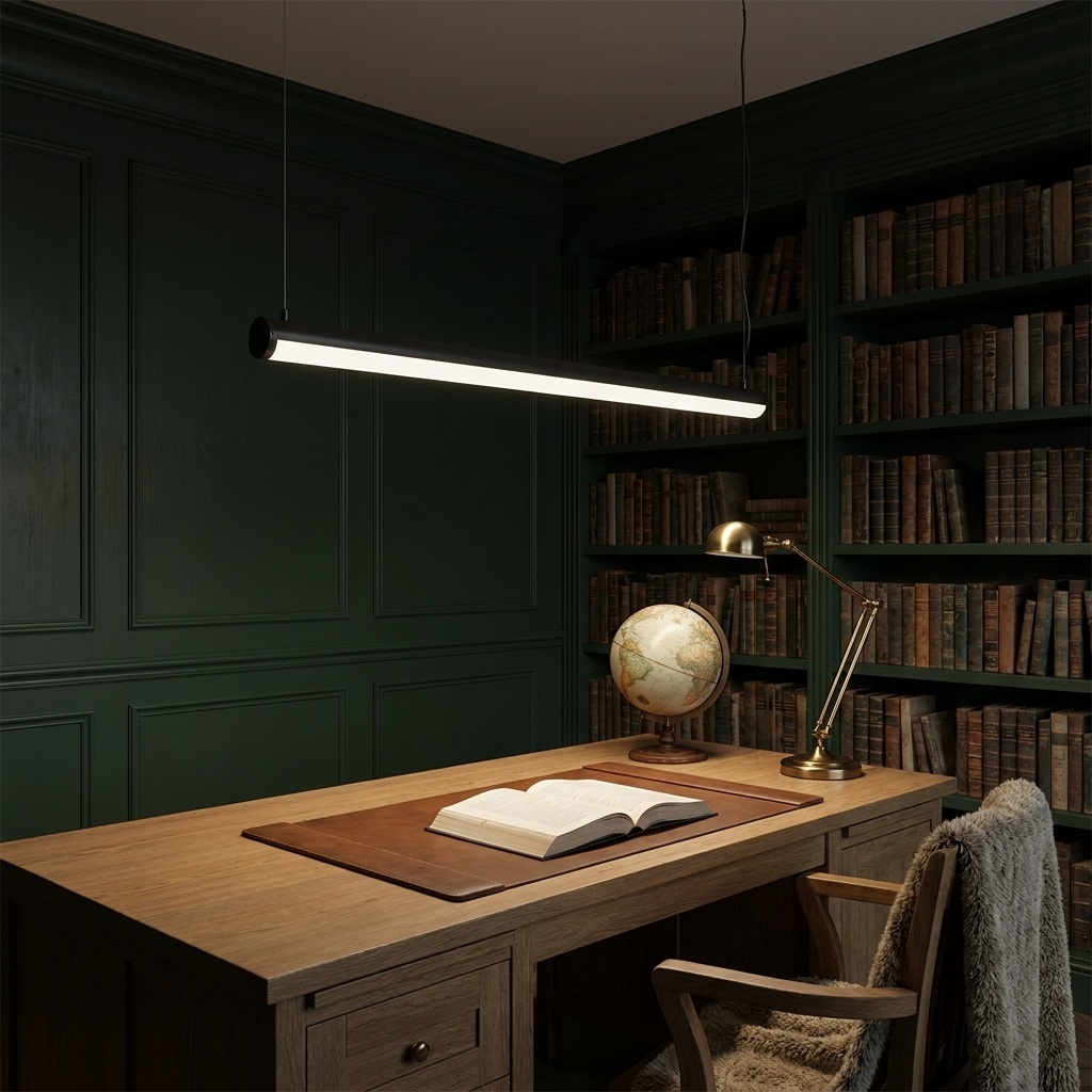 Stanton black linear tube pendant light over an oak desk in a home office