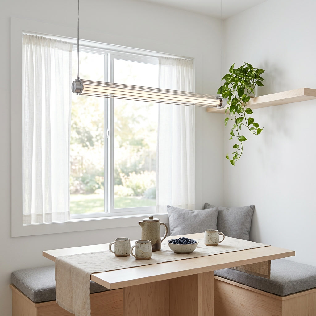Stanton silver linear tube pendant light over a Scandinavian breakfast nook