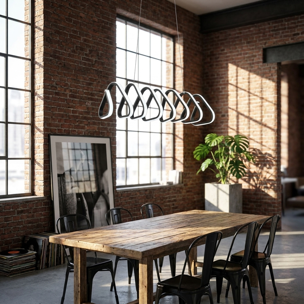 Salford black triangular acrylic LED pendant light in an industrial open-plan loft