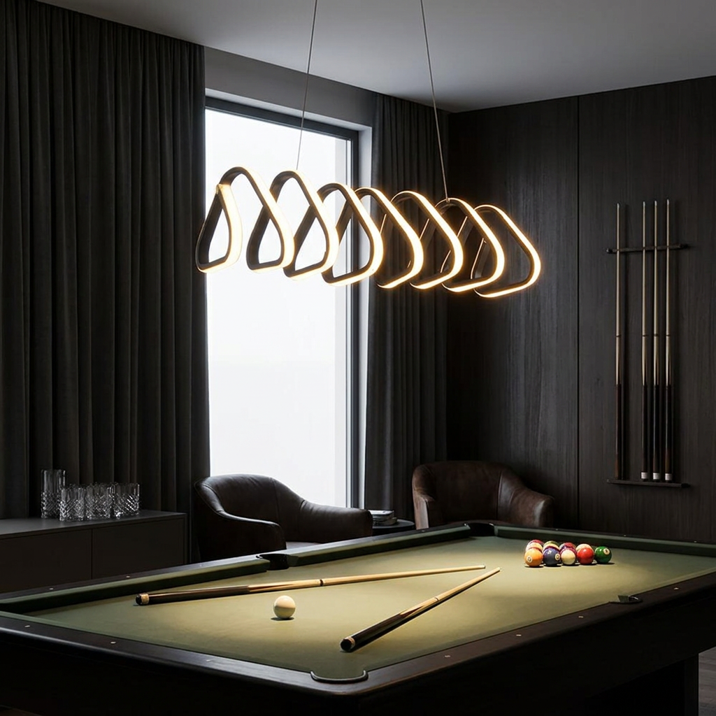 Salford black triangular acrylic LED pendant light over a games room pool table