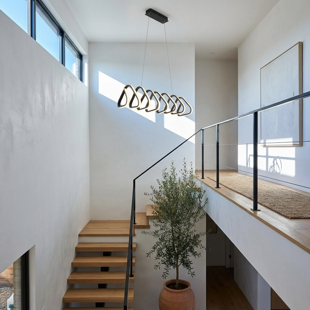 Salford black triangular acrylic LED pendant light in a double height stairwell