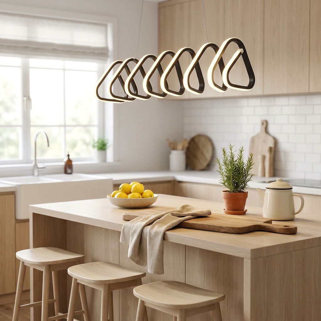 Salford black triangular acrylic LED pendant light over a kitchen island