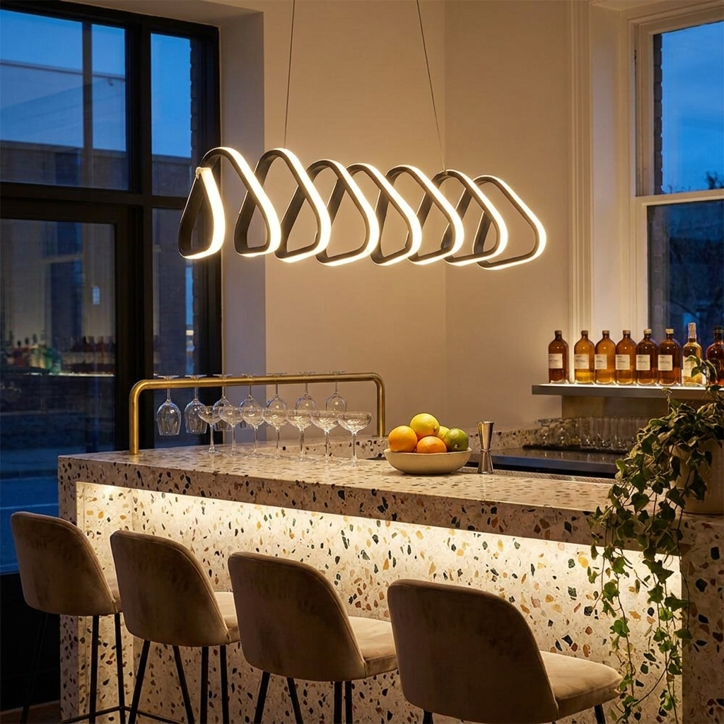 Salford black triangular acrylic LED pendant light above a cocktail bar counter