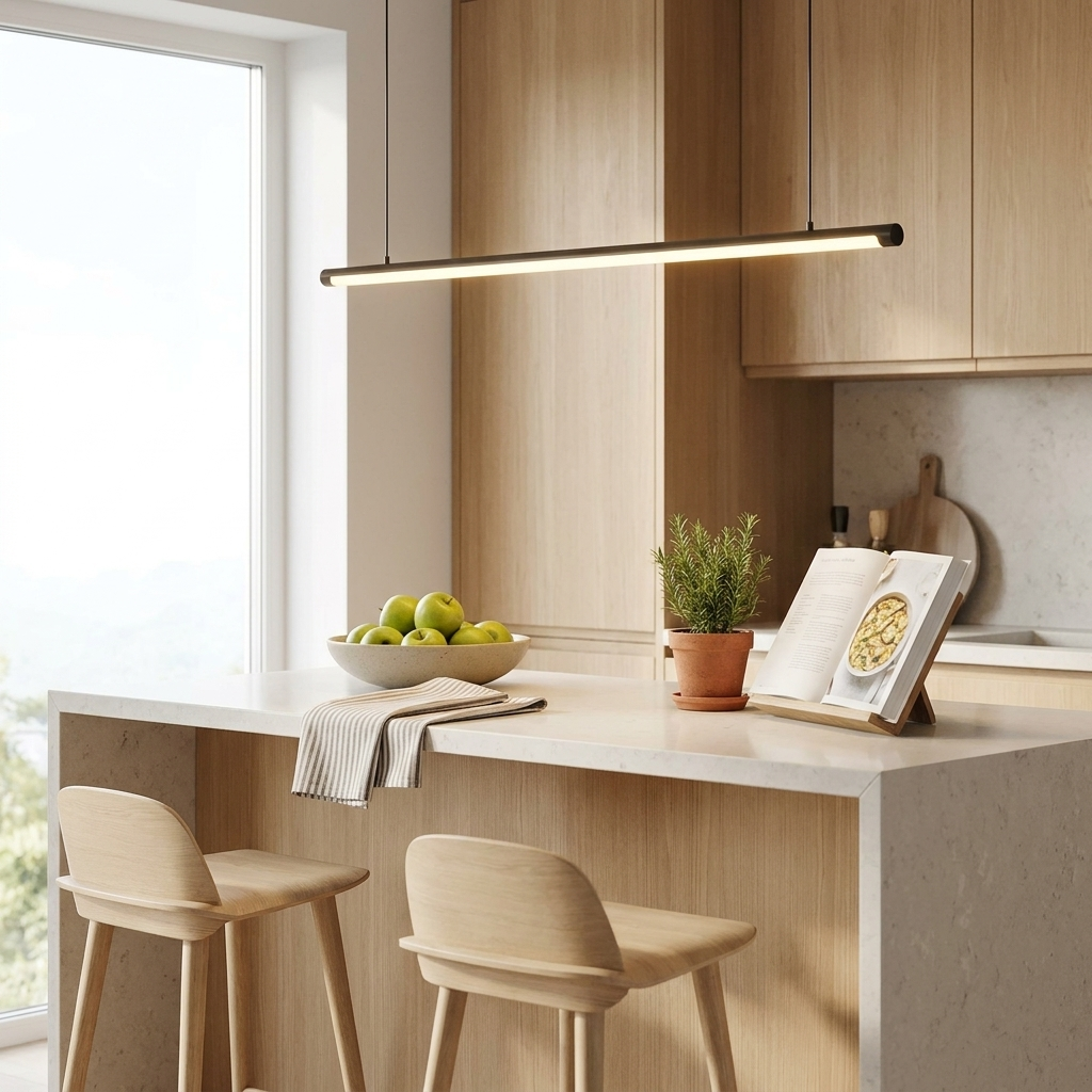 Sawyer black geometric tube pendant light over a kitchen island