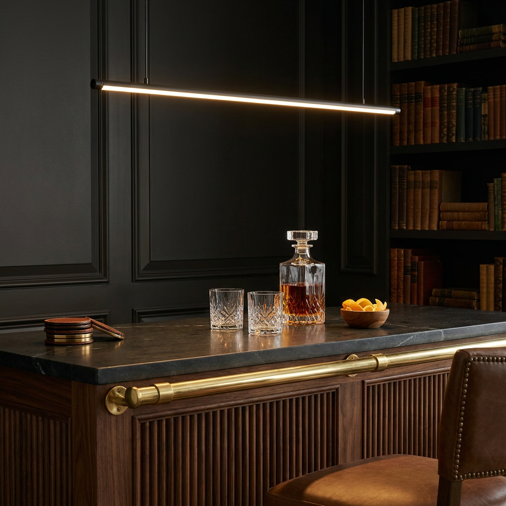 Sawyer black geometric tube pendant light over a home bar counter