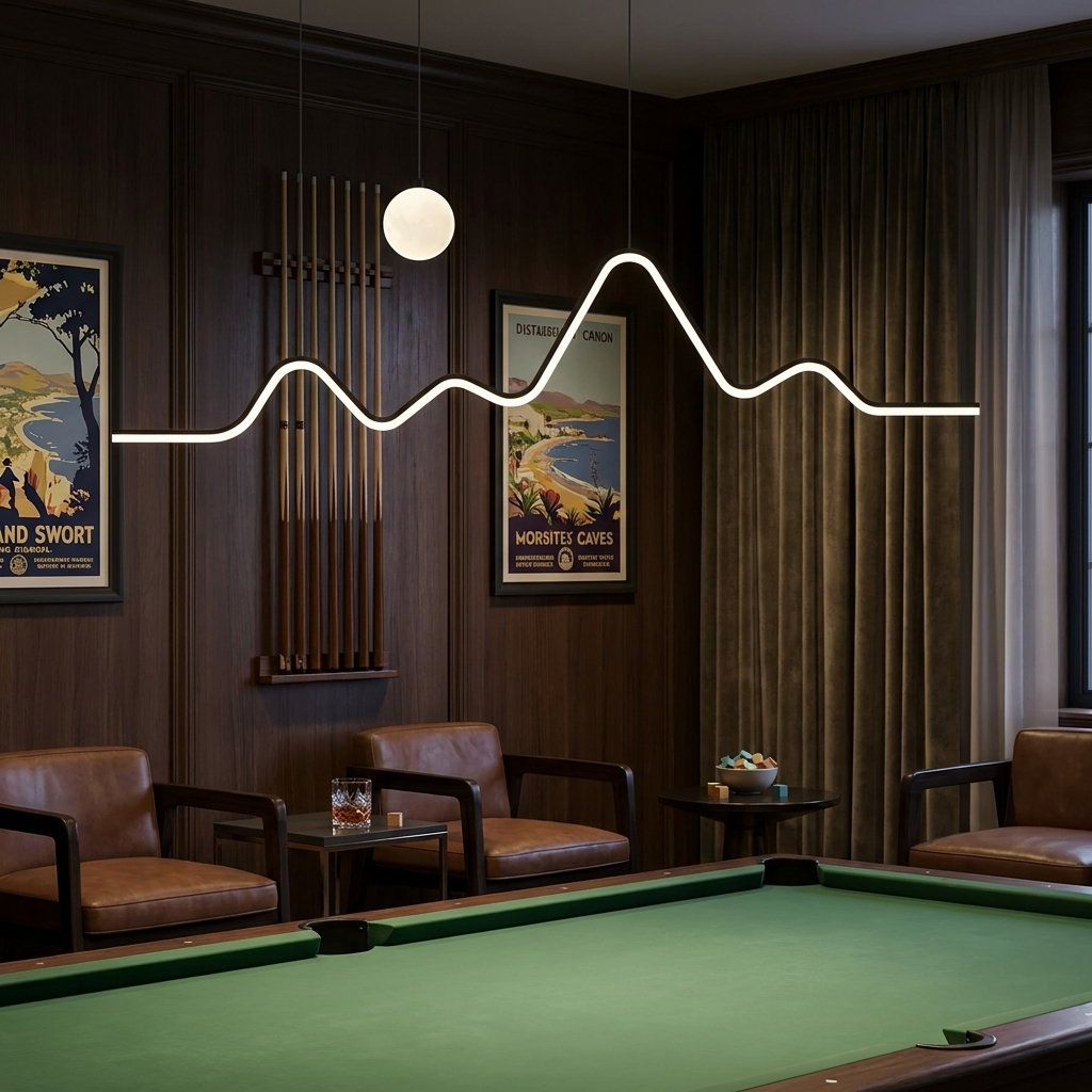 Sullivan black mountain moon LED chandelier over a pool table in a games room