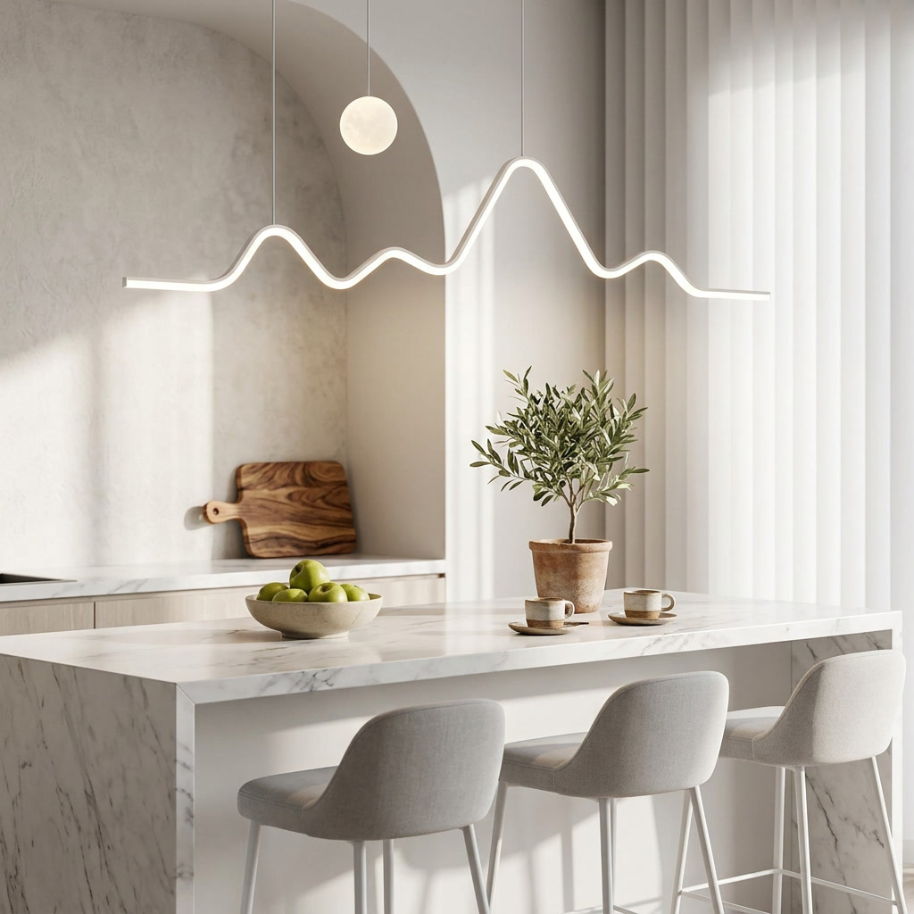 Sullivan white mountain moon LED chandelier over a marble kitchen island