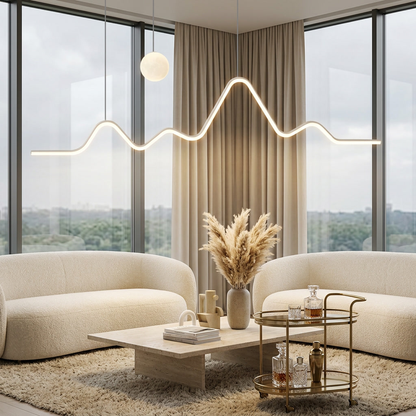 Sullivan white mountain moon LED chandelier in a hotel lobby lounge