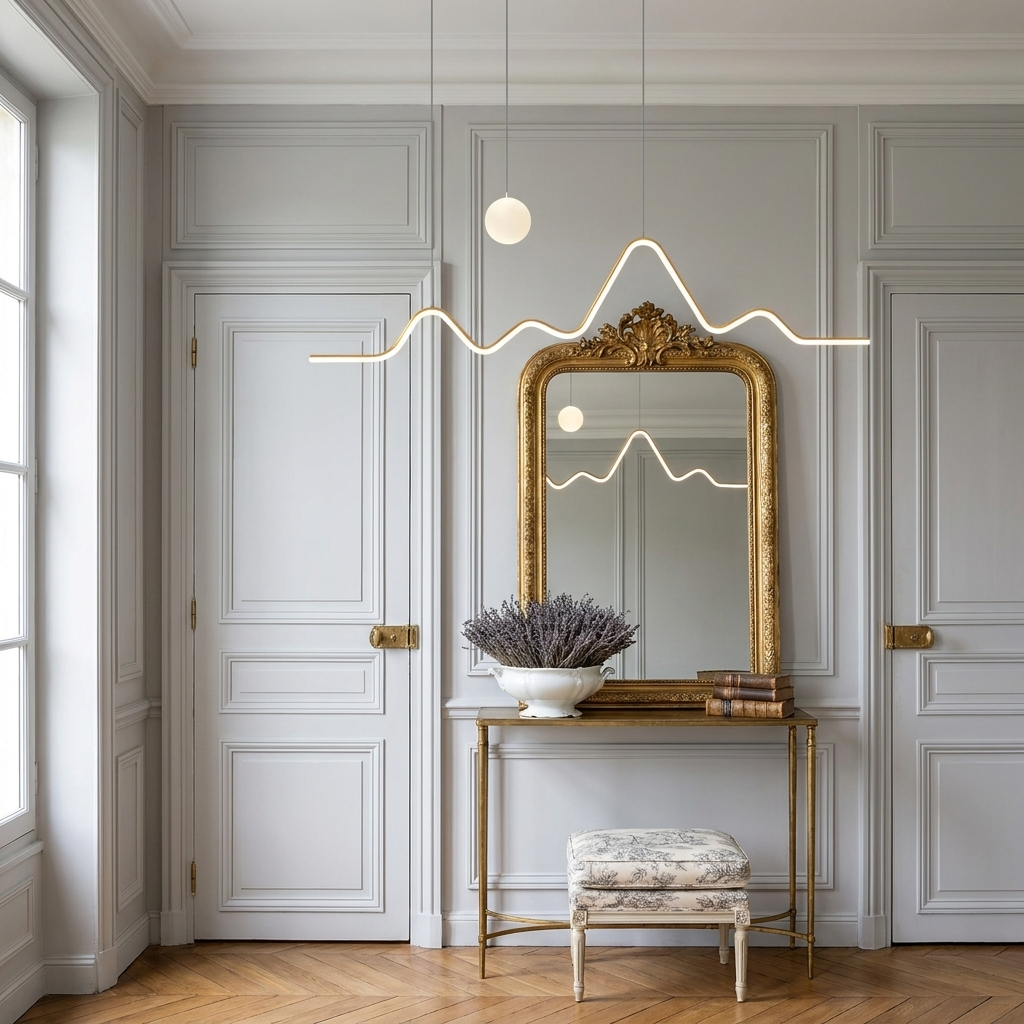 Sullivan gold mountain moon LED chandelier on a French classic landing