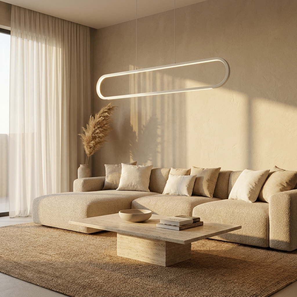 Sasha white slim silicone strip pendant in an apartment living room