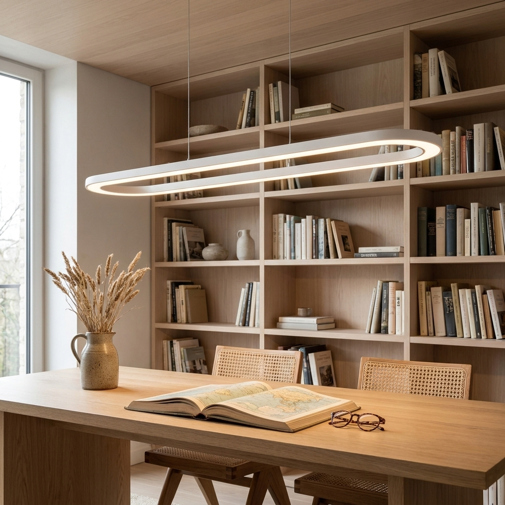 Sable white long strip geometric pendant above a home library reading table
